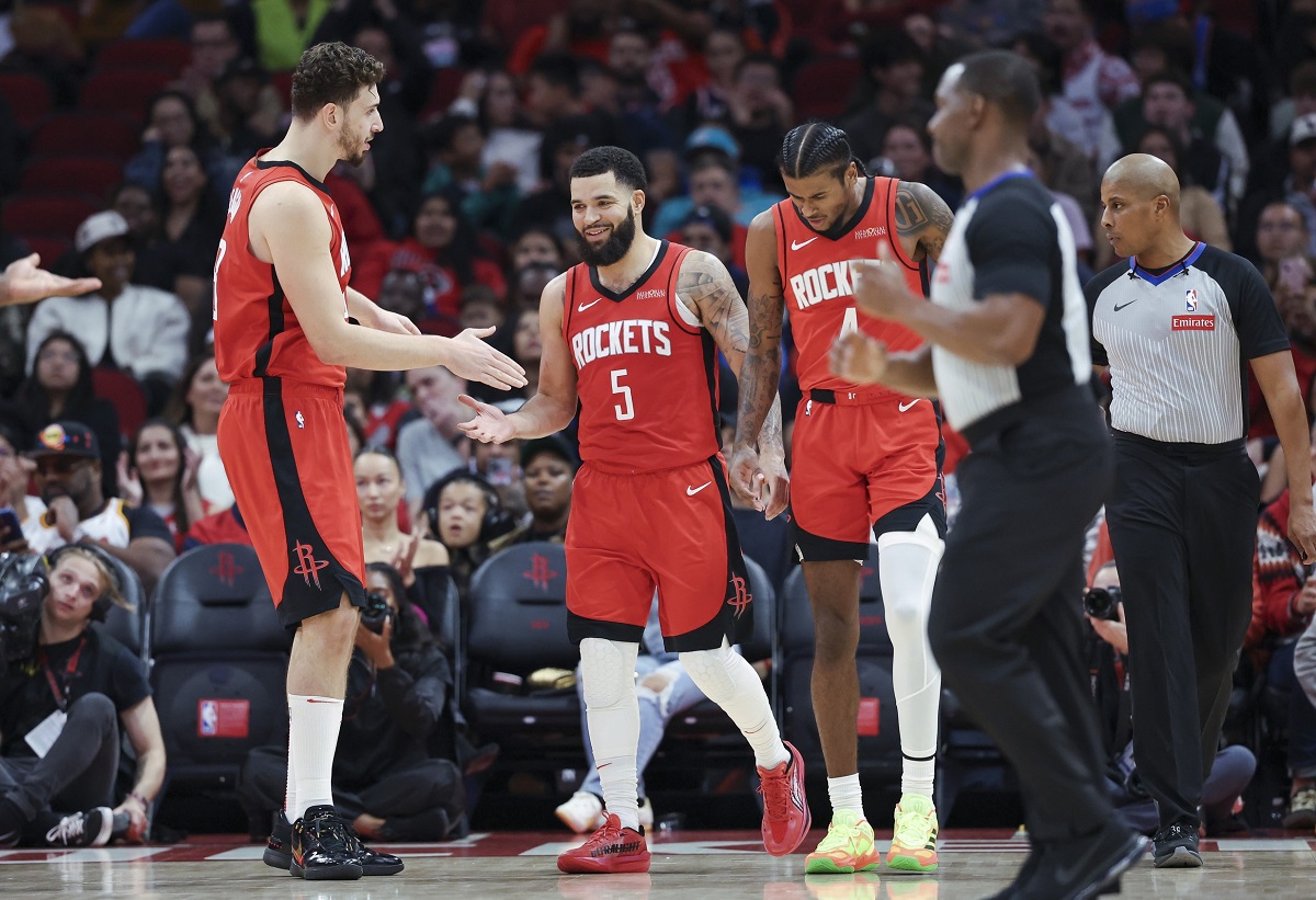 Fred VanVleet, Aplperen Sengun et Jalen Green (Rockets) contre le Thunder