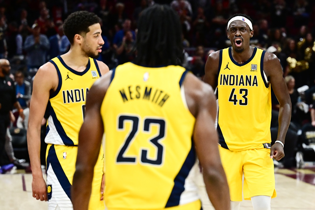 Tyrese Haliburton, Aaron Nesmith, Pascal Siakam (Pacers) contre les Cavaliers au Game 5